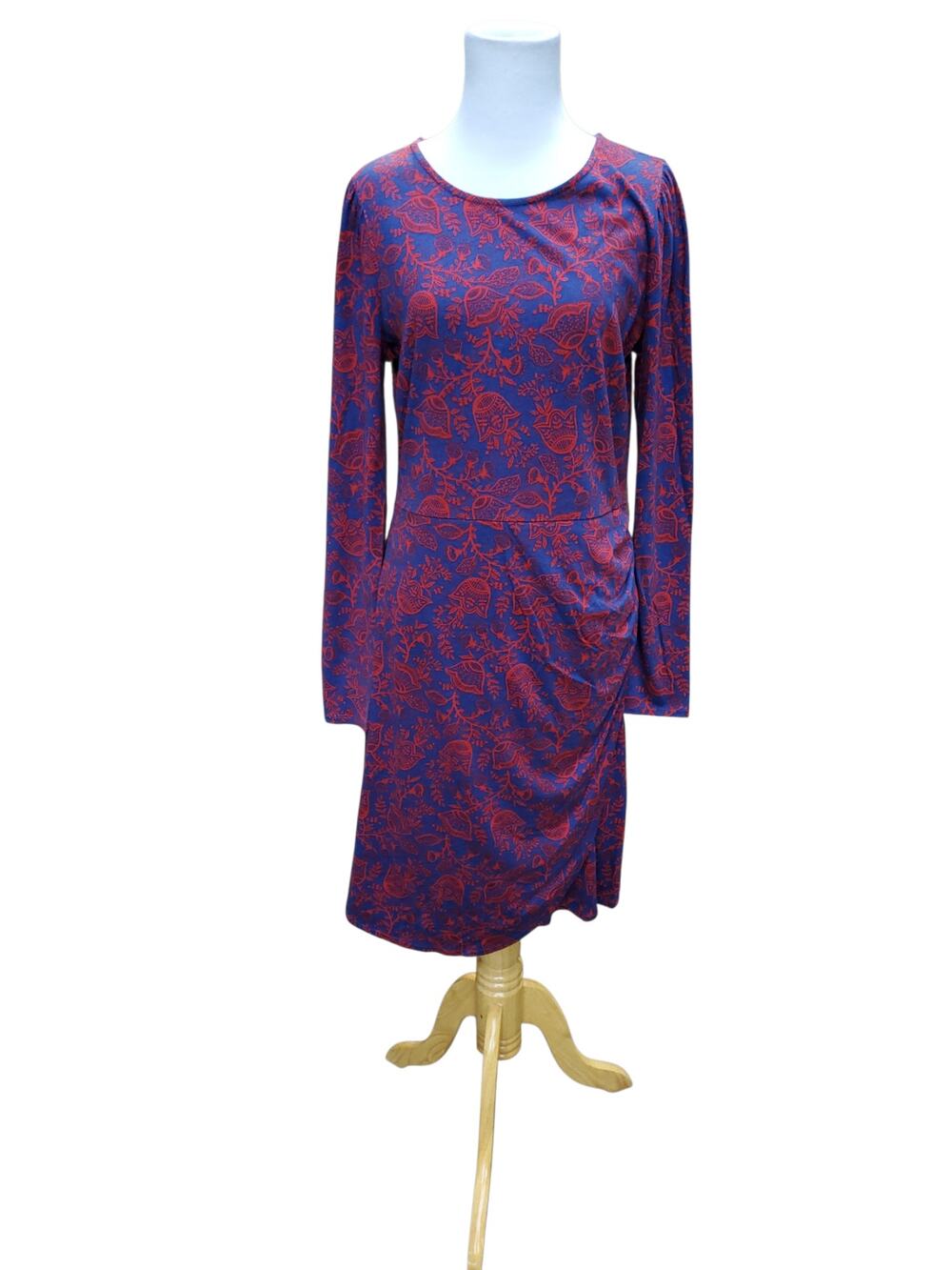 Boden Red Blue Floral Side Ruched Jersey Mini Dress Long Sleeve Faux Wrap Sz 8L